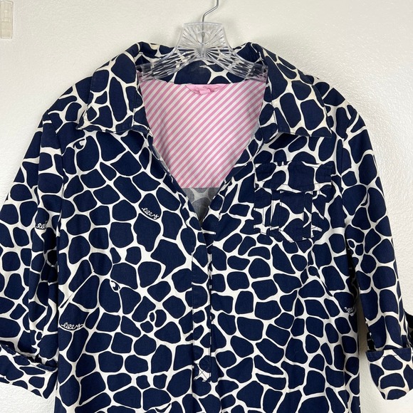 Lilly Pulitzer Dade Shirt Dress 12 Blue White Animal Print Short Sleeve Flaw - Picture 3 of 13